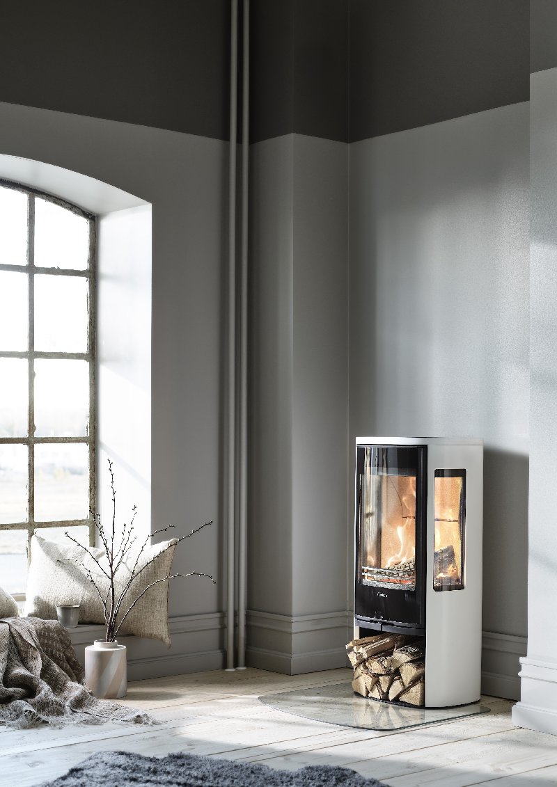 Contura 856 wit - glazen deur, gelakte aluminium plank